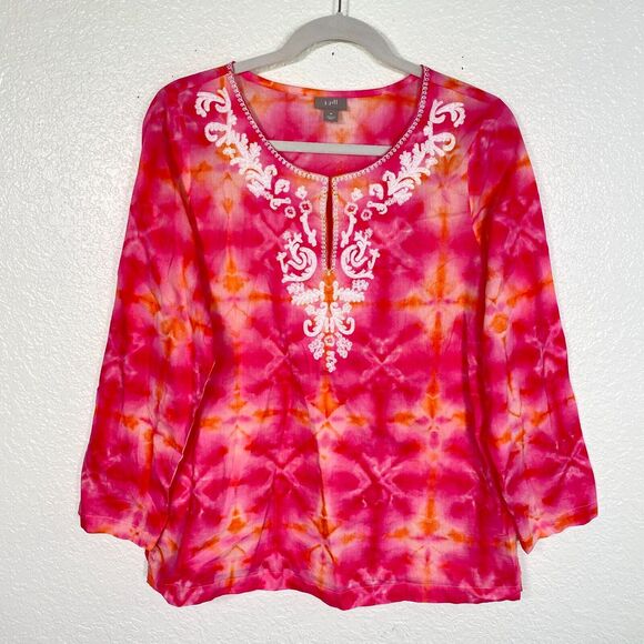 J Jill Top Women Medium Tie Dye Beaded Embroidered Shirt Blouse Bright Colorful - Picture 1 of 11